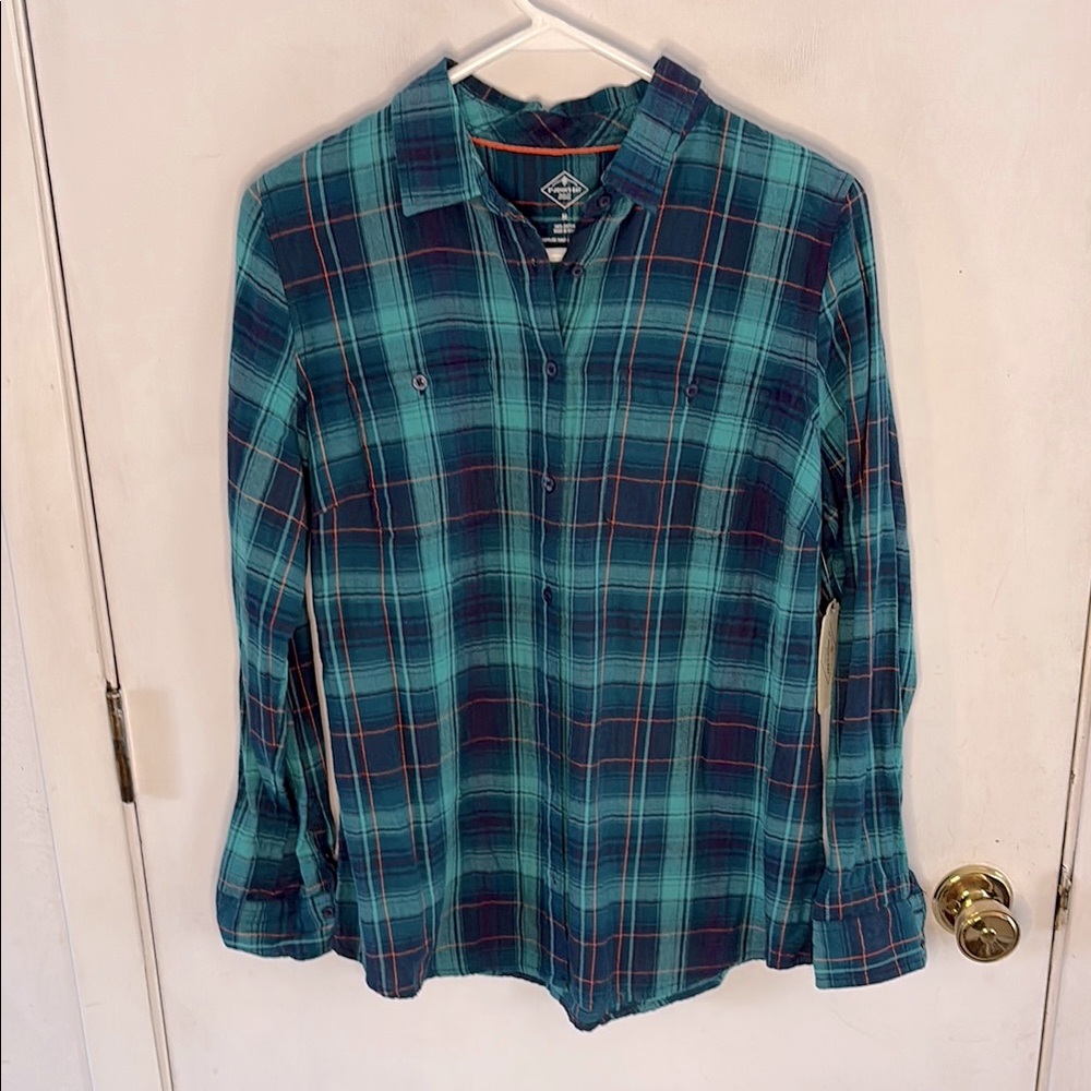 St John's Bay teal navy plaid long sleeve button down shirt Size Medium